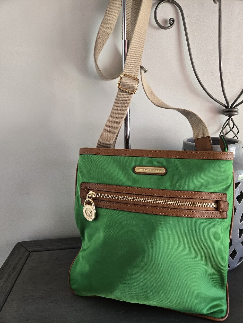 Michael Kors Green Nylon Crossbody with Brown Leather Trim